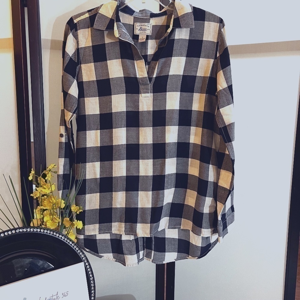 G.H. BASS & CO Women's Houndstooth Navy Blue Grey White V Neck Tunic Size S NWOT